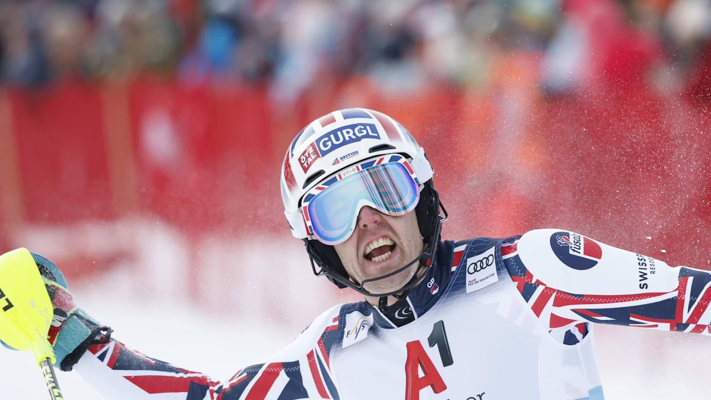 Dave Ryding celebrates after his second run in the 2023 Kitzbühel World Cup slalom