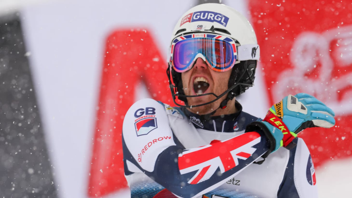 Dave Ryding of Team Great Britain celebrates during the Audi FIS Alpine Ski World Cup Men's Slalom on January 22, 2022 in Kitzbuehel Austria. (Photo by Christophe Pallot/Agence Zoom/Getty Images