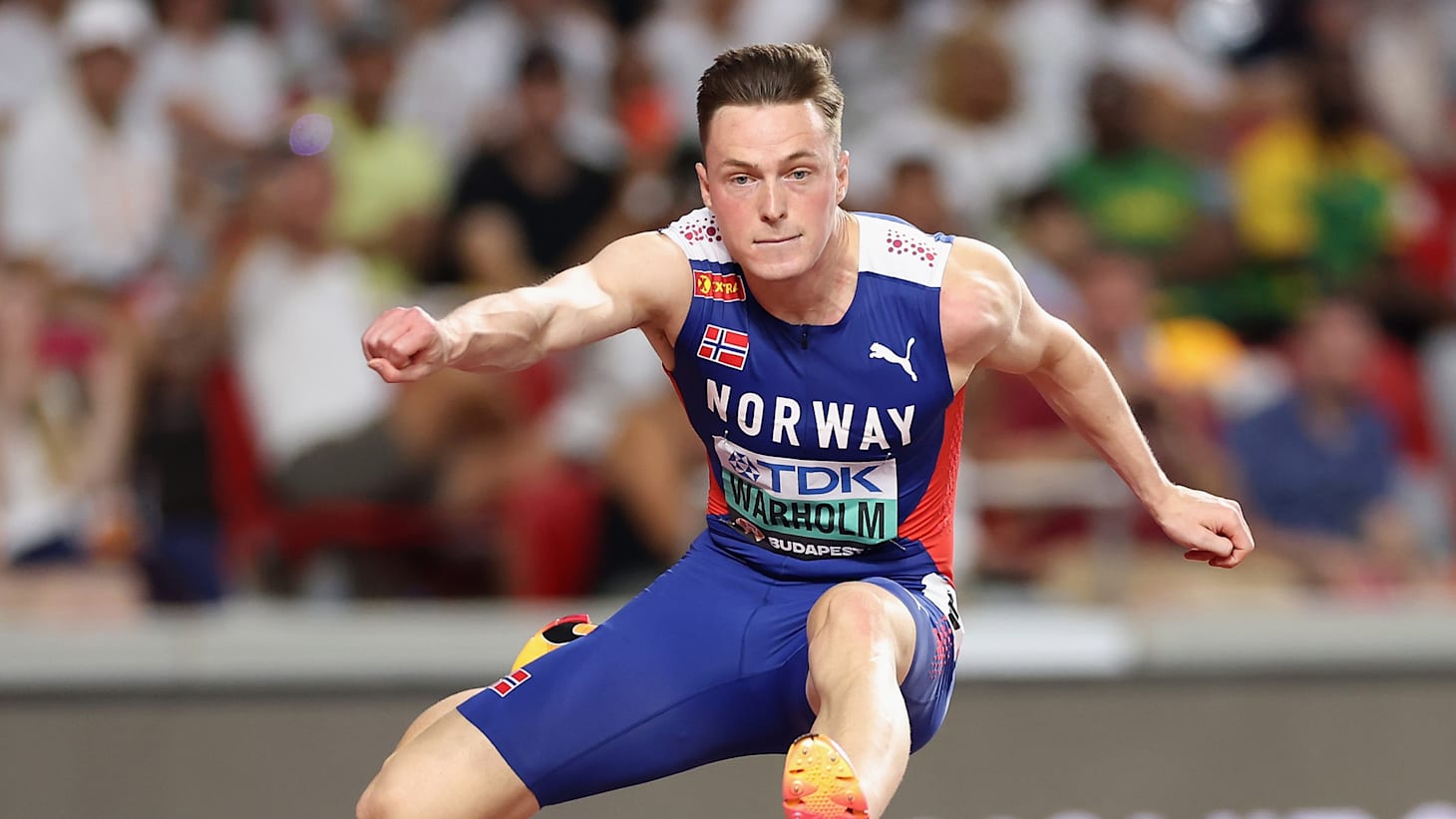Karsten Warholm - going over a hurdle in semifinals - 2023 World Athletics Championships