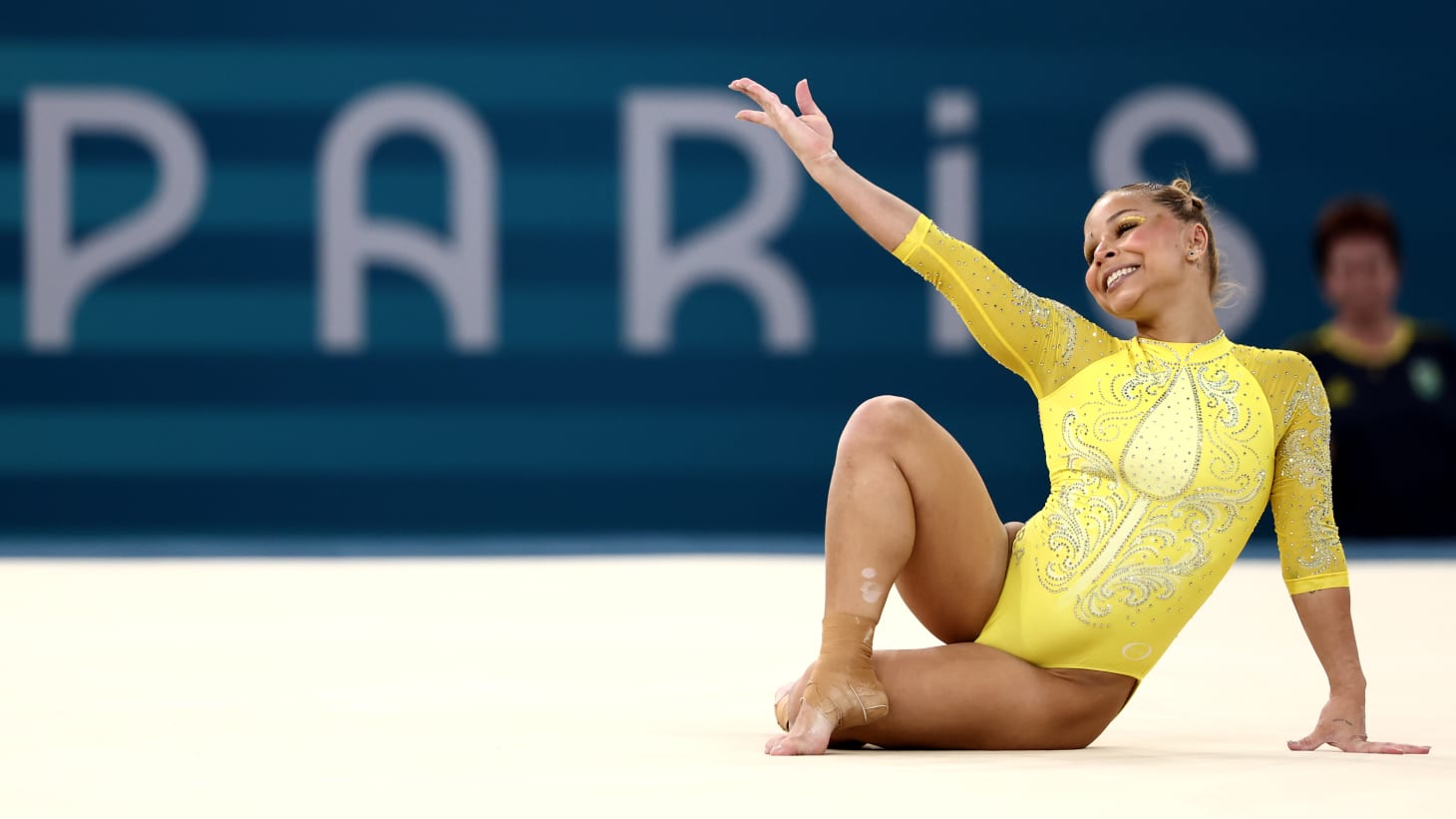 Flavia Saraiva of Team Brazil competes in the floor exercise during the Artistic Gymnastics Women's All-Around Final on day six of the Olympic Games Paris 2024 at Bercy Arena on August 01, 2024 in Paris, France