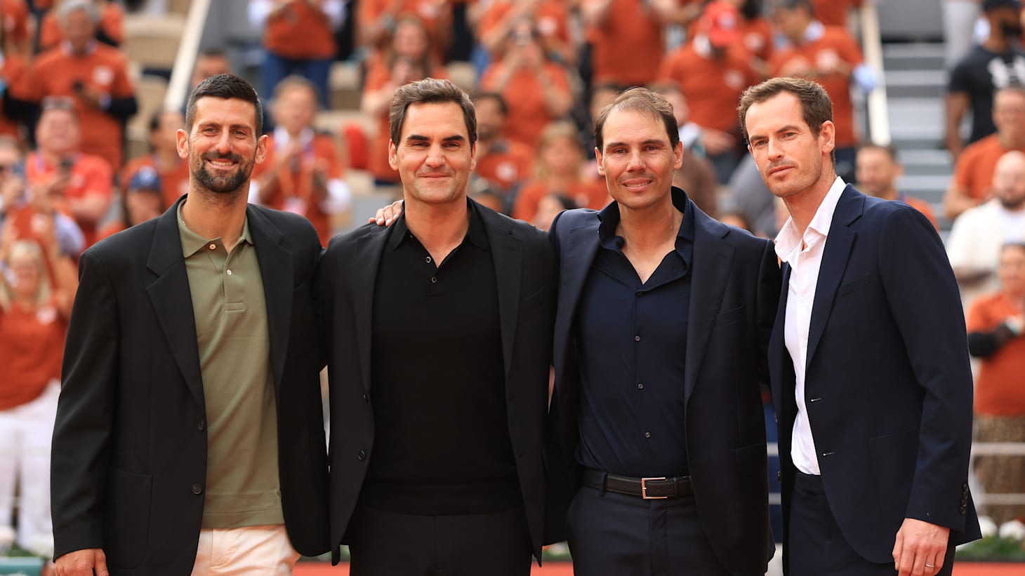 Rafael Nadal poses for a photo with Roger Federer, Novak Djokovic and Andy Murray on Court Philippe-Chatrier during a ceremony held in his honour on Day One of the 2025 French Open at Roland Garros on May 25, 2025 in Paris, France.