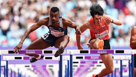 高山峻野、男子110mハードルで同着の金メダル!|アジア競技大会 高山峻野、男子110mハードルで同着の金メダル!|アジア競技大会
