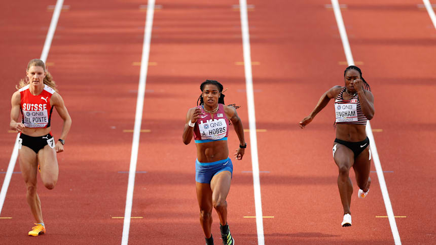 Aleia Hobbs compete in the women's 100m heats at the World Athletics Championships Oregon22 at Hayward Field in Eugene, Oregon.