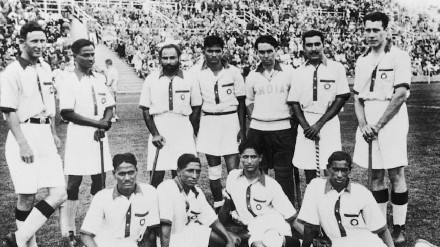 Dhyan Chand (standing second from left) with the Indian hockey team at the 1936 Berlin Olympics.