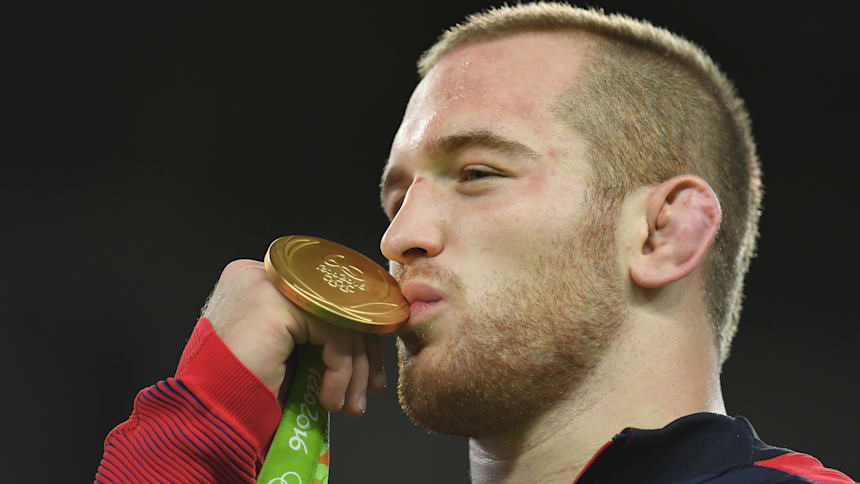 Kyle Snyder celebrates his Olympic gold at Rio 2016