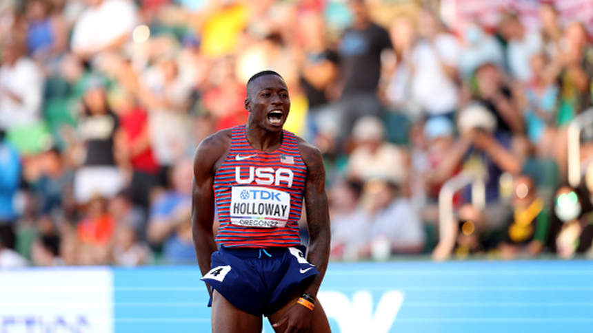Grant Holloway of Team United States celebrates after winning gold in the Men's 110m Hurdles Final on day three of the World Athletics Championships Oregon22 at Hayward Field on July 17, 2022 in Eugene, Oregon. (Photo by Patrick Smith/Getty Images)