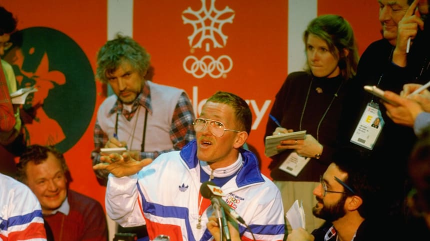 Eddie Edwards during a press conference at the 1988 Winter Olympic Games in Calgary