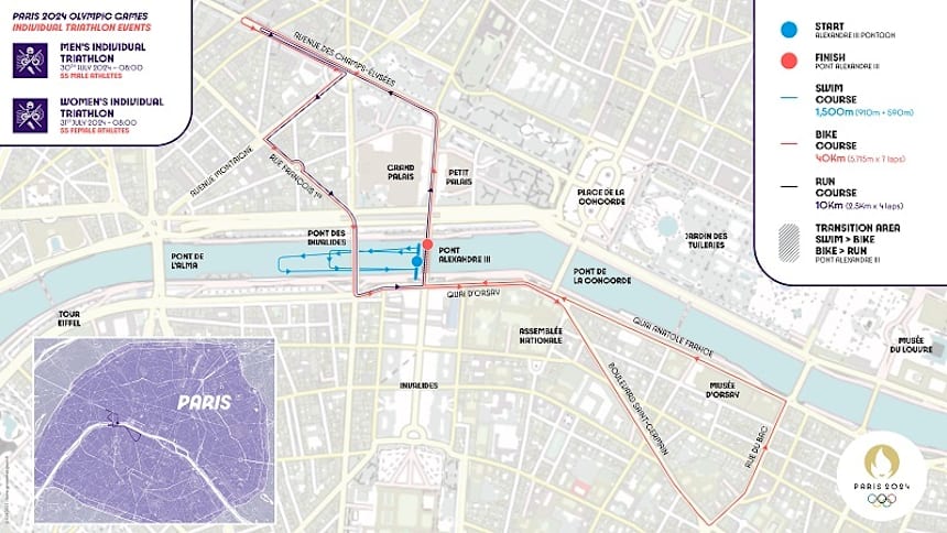 Recorrido del triatlón individual masculino y femenino de los Juegos Olímpicos de París 2024.