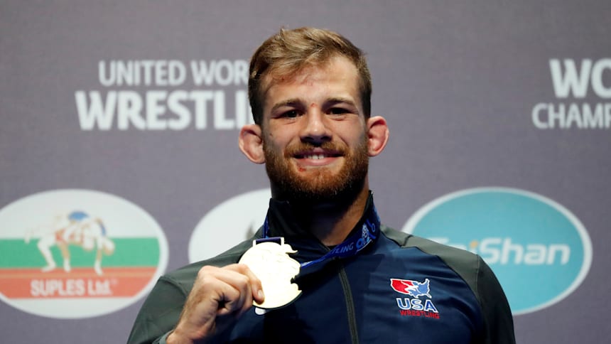 David Taylor on the podium after winning 86kg gold at the 2018 wrestling world championships in Budapest, Hungary.