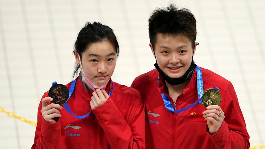 昌雅妮（左）和陈艺文在2021年东京跳水世界杯上斩获女子双人3米板金牌