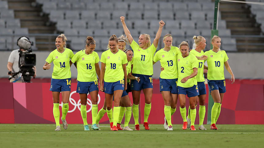 Blackstenius celebrates with Sweden team mates after scoring against the United States during the Tokyo 2020 Olympic Games in 2021.