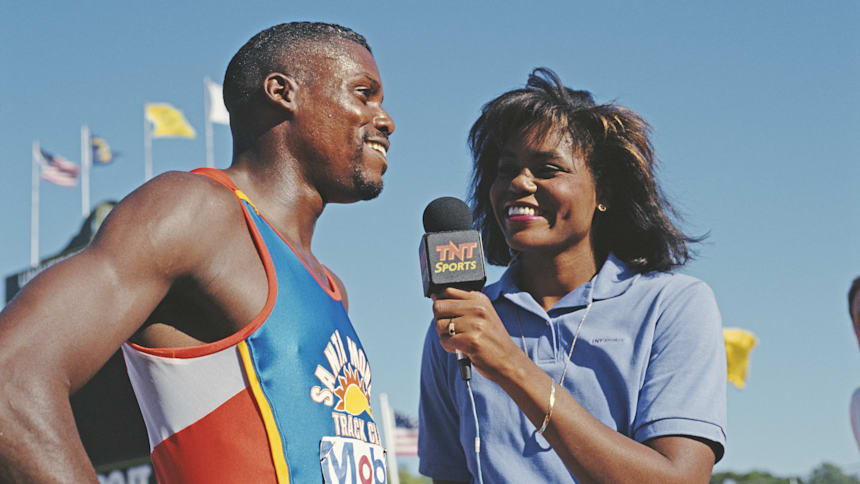 Carl Lewis being interviewed by his sister Carol during the U.S. national outdoor championships and Worlds Trials on 19 June 1993 at Hayward Field