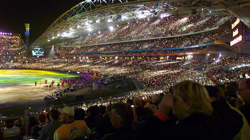 A massive crowd of around 110,000 people watch the Opening Ceremony of the Sydney 2000 Olympics at Stadium Australia.