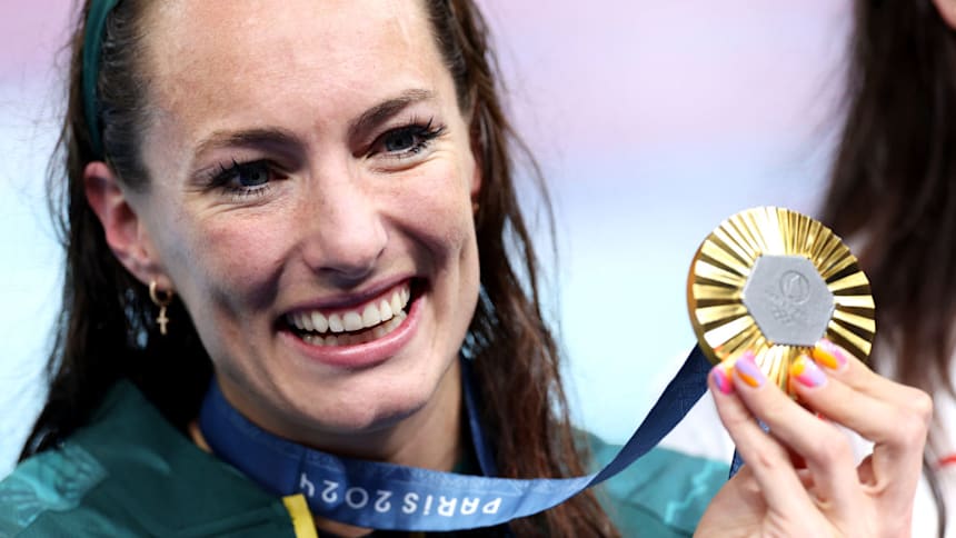 Tatjana Smith of South Africa with gold medal in women's 100m breaststroke at Olympic Games Paris 2024