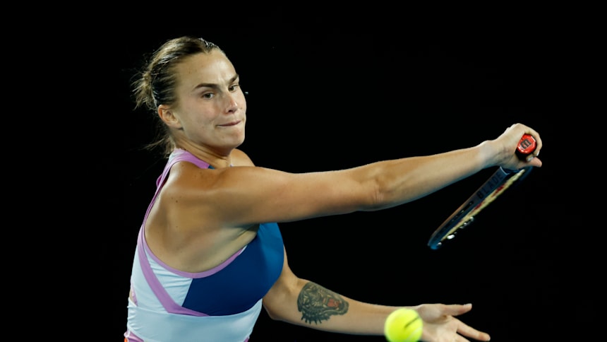  Aryna Sabalenka plays a forehand in the Semifinal singles match against Magda Linette of Poland during day 11 of the 2023 Australian Open at Melbourne Park on January 26, 2023 in Melbourne, Australia. 