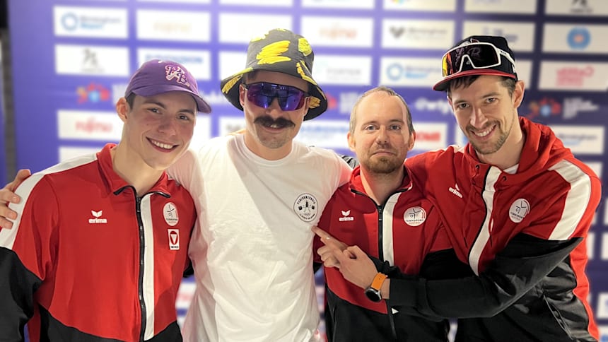 Benny Wizani (far left) and the Austrian trampolining brotherhood, the Performerbois