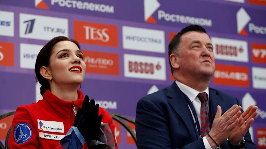 Russia's Evgenia Medvedeva and her coach Brian Orser react after her performance at the 2019 Rostelecom Cup. (REUTERS/Evgenia Novozhenina)