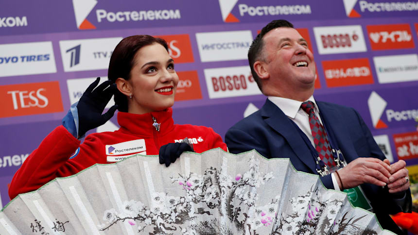 Evgenia Medvedeva and coach Brian Oser smile in the kiss-and-cry at the 2019 Rostelecom Cup. (REUTERS/Evgenia Novozhenina)
