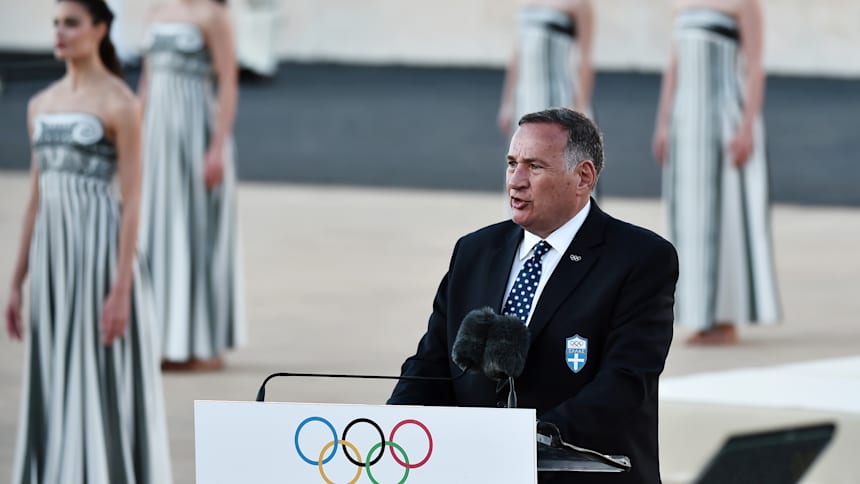 Spyros Capralos, President of the Hellenic Olympic Committee, speaks during the Olympic flame handover ceremony for the Paris 2024 Summer Olympics