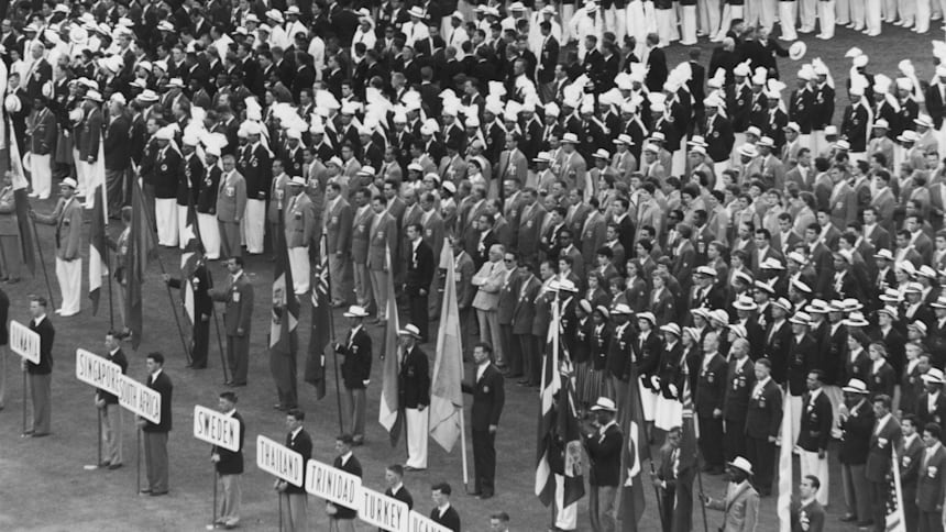 Teams assemble at the Melbourne Cricket Ground for the Opening Ceremony of the 1956 Olympics.