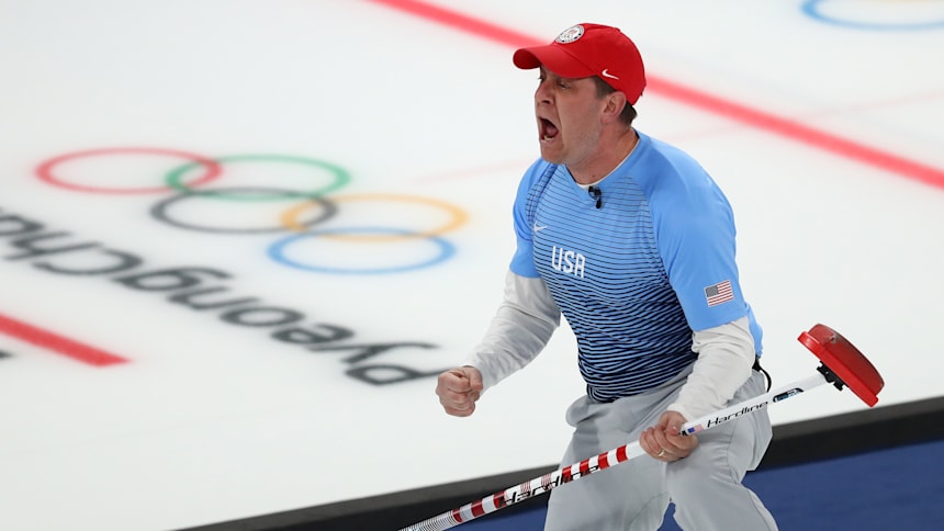 John Shuster celebrates during the gold medal match at PyeongChang 2018