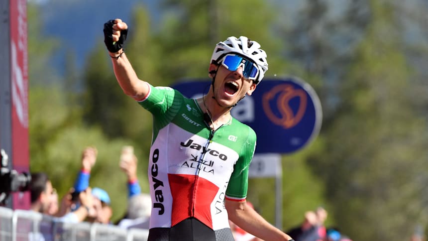 Filippo Zana celebrates winning stage 18 at 2023 Giro d'Italia