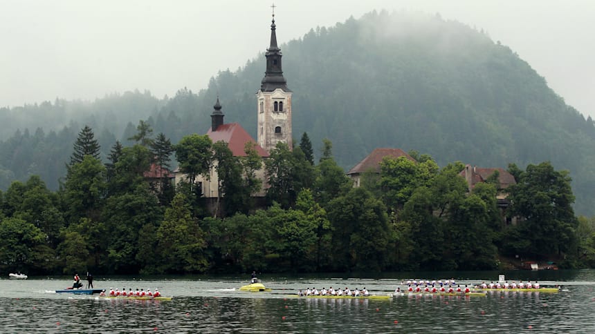 Rowers competing on Lake Bled, Slovenia