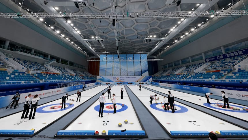 Chinese players compete in the Curling Group A at the Water Cube on April 1, 2021 in Beijing, China