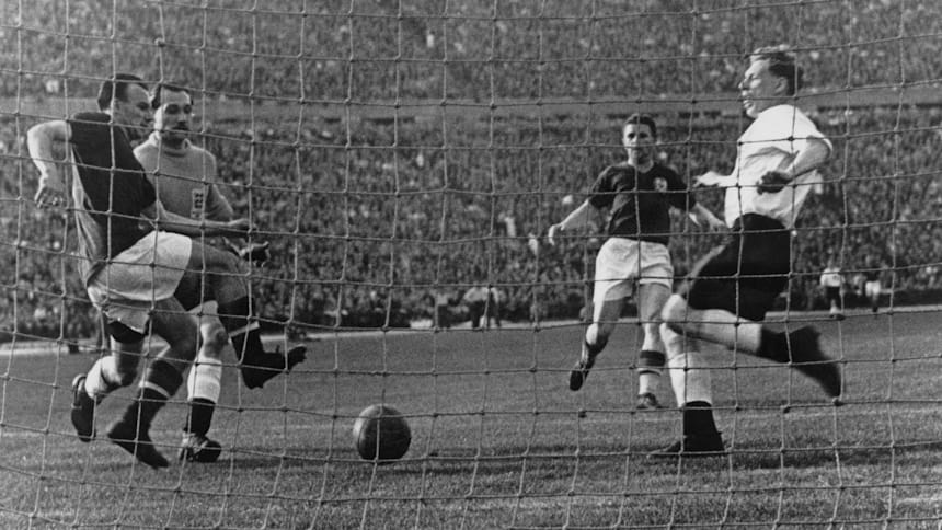 Ferenc Puskas (centre) led Hungary to an Olympic gold at the 1952 Helsinki Olympics.