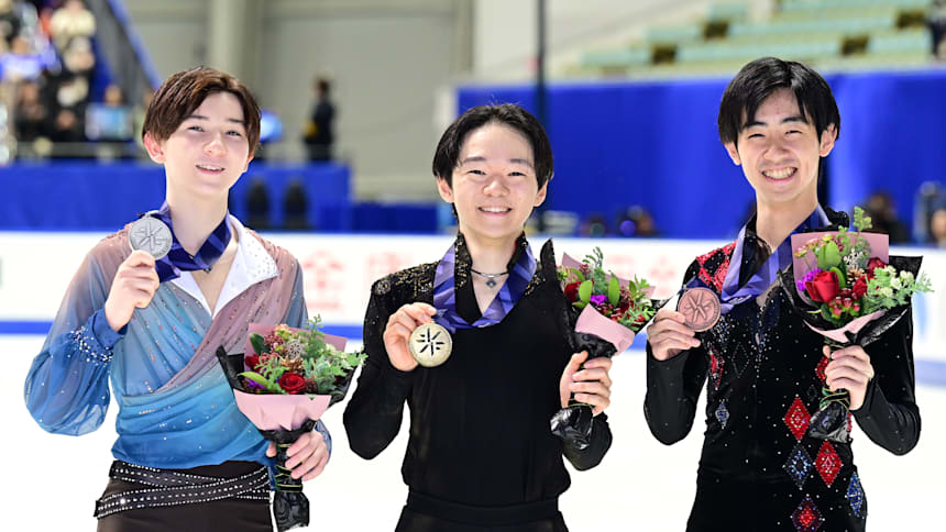 From left, Nakata Rio, Kagiyama Yuma and Tsuboi Tatsuya fill out the men's singles podium at the Japanese nationals on Saturday.