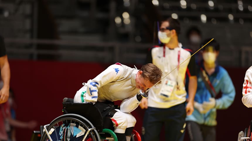 CHIBA, JAPAN: Bebe Vio celebrates during the wheelchair fencing event at Tokyo 2020 in the women's foil individual - Category B. (Photo by Raul Cadenas de la Vega / Olympics.com)
