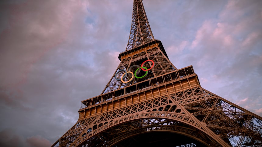 The Olympic Rings seen on the Eiffel Tower ahead of the start of the Paris 2024 Olympic Games