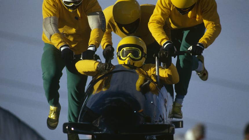 The Jamaican bobsleigh team competing at Calgary 1988