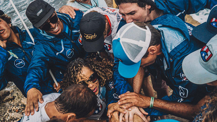 Puerto Rico's surfers celebrate with a team chant.