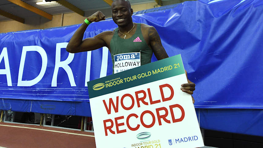 Grant Holloway of the United States celebrates a world record time in the Men's 60m Hurdles final during the World Athletics Indoor Tour Madrid 2021 (Photo by David Ramos/Getty Images)