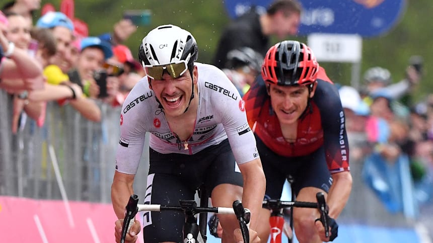 Joao Almeida in action before winning stage 16 at 2023 Giro d'Italia followed by new overall leader Geraint Thomas 
