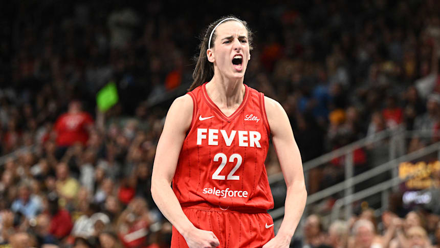 Caitlin Clark of the Indiana Fever reacts while competing against the Atlanta Dream on August 26, 2024