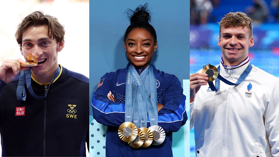 (Left to right) Mondo Duplantis, Simone Biles and Leon Marchand