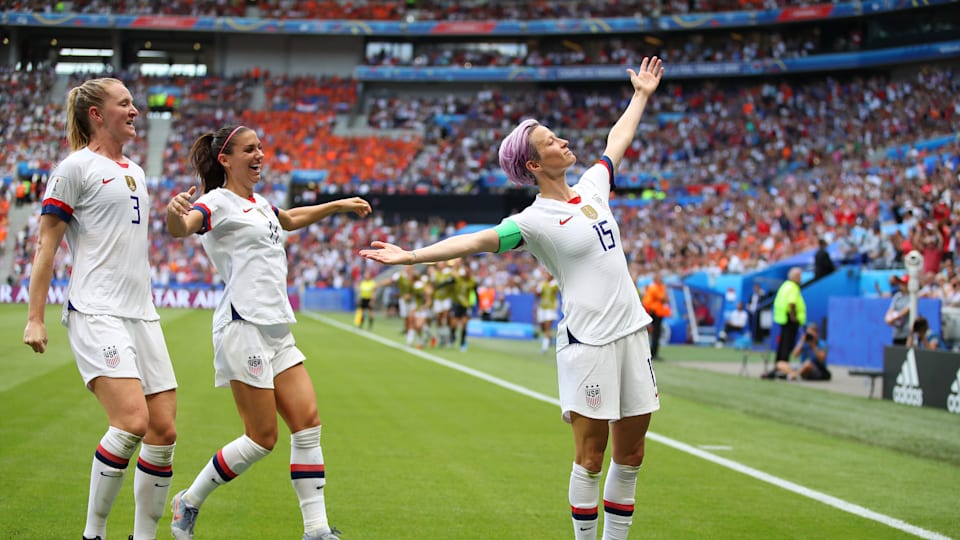 Megan Rapinoe celebrates her opening goal in the 2019 FIFA Women's World Cup Final agains the Netherlands