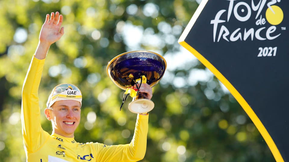 Tadej Pogacar celebrates overall victory at 2021 Tour de France
