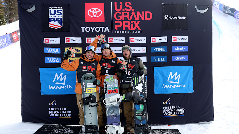 Ruka Hirano of Japan second place, Yuto Totsuka of Japan first place, Kaishu Hirano of Japan third place stand on the podium after The Men's Snowboard Halfpipe Final of the Toyota U.S. Grand Prix at Mammoth Mountain on February 3rd, 2024 in Mammoth, California.