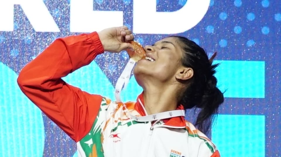 India’s Nikhat Zareen (in Blue) celebrates after winning the gold medal at the 12th IBA Women’s World Boxing Championships in Istanbul on Thursday, May 19, 2022