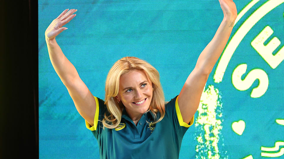 Ariarne Titmus waves during the Australian 2024 Paris Olympic Games Swimming Squad Announcement