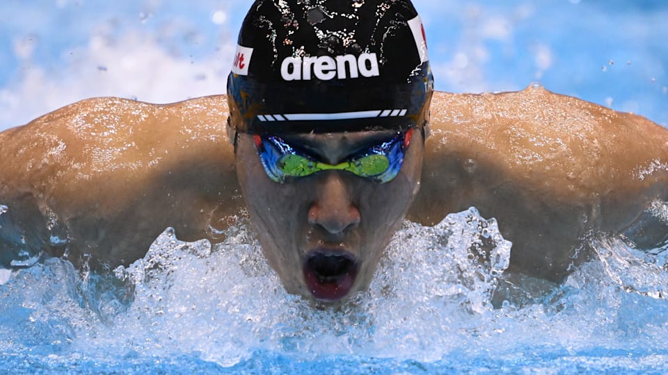 Tomoru Honda of Team Japan competes in the Men's 200m Butterfly Semifinal of the Fukuoka 2023 World Aquatics Championships at Marine Messe Fukuoka Hall A on July 25, 2023 in Fukuoka, Japan. 