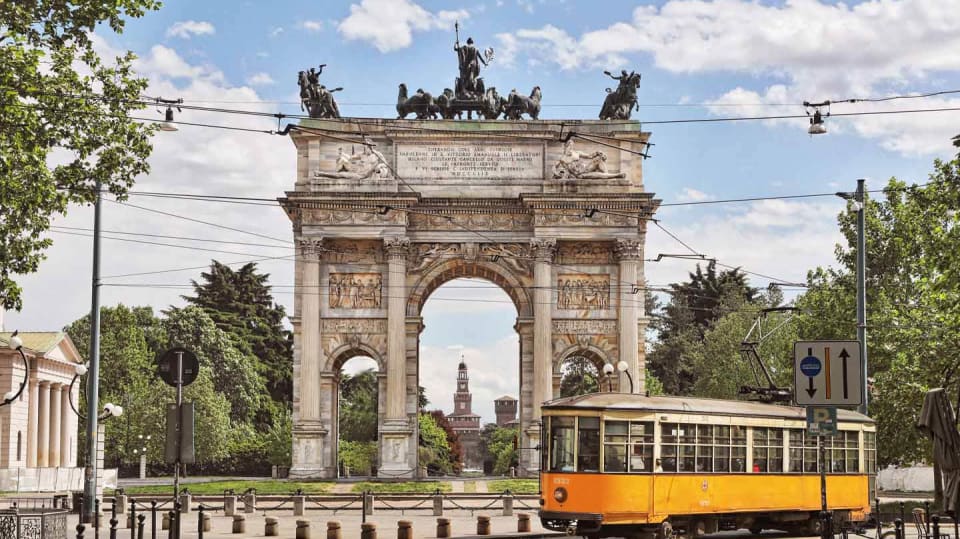 View of the Arco della Pace in Milan with the blue sky