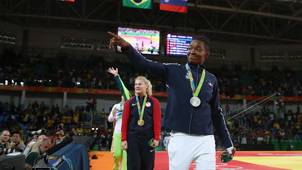 Silver medalist, Audrey Tcheumeo of France celebrates