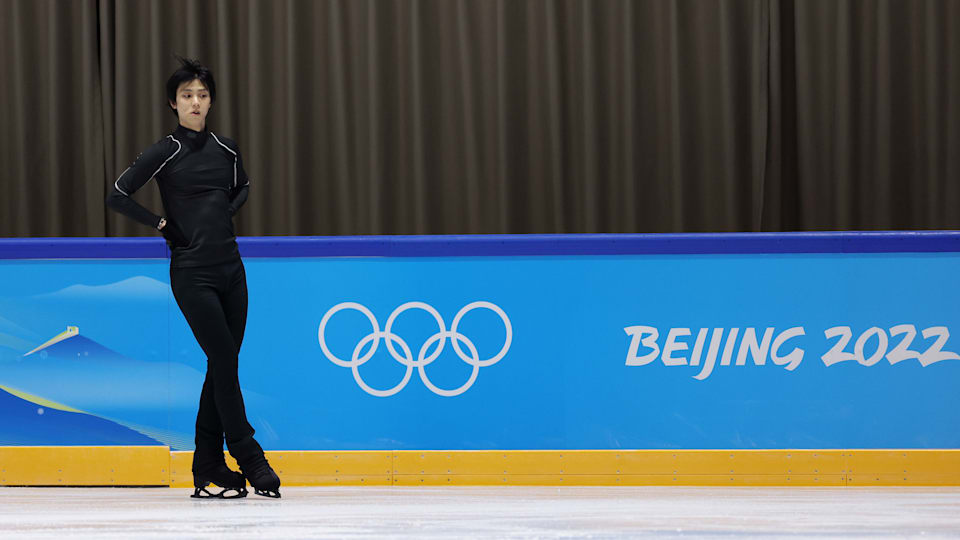 Yuzuru Hanyu of Team Japan skates during a practice session for the Beijing 2022 Winter Olympic Games at the Capital Indoor Stadium practice rink on February 07, 2022 in Beijing, China