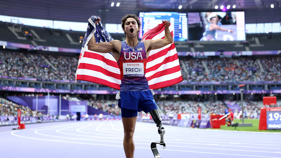 Ezra Frech of Team United States reacts after winning the gold medal after the Men's 100m - T63 on day five of the Paris 2024 Summer Paralympic Games.