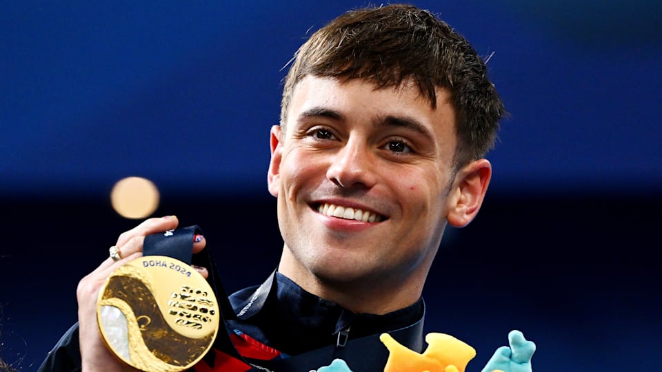 Tom Daley after winning gold in the diving team event at the 2024 World Championships in Doha