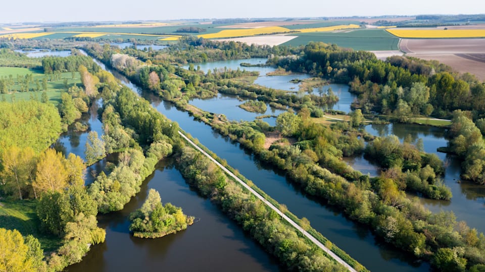 The Somme Valley, cut by the Somme River and the cycling route that follows its course